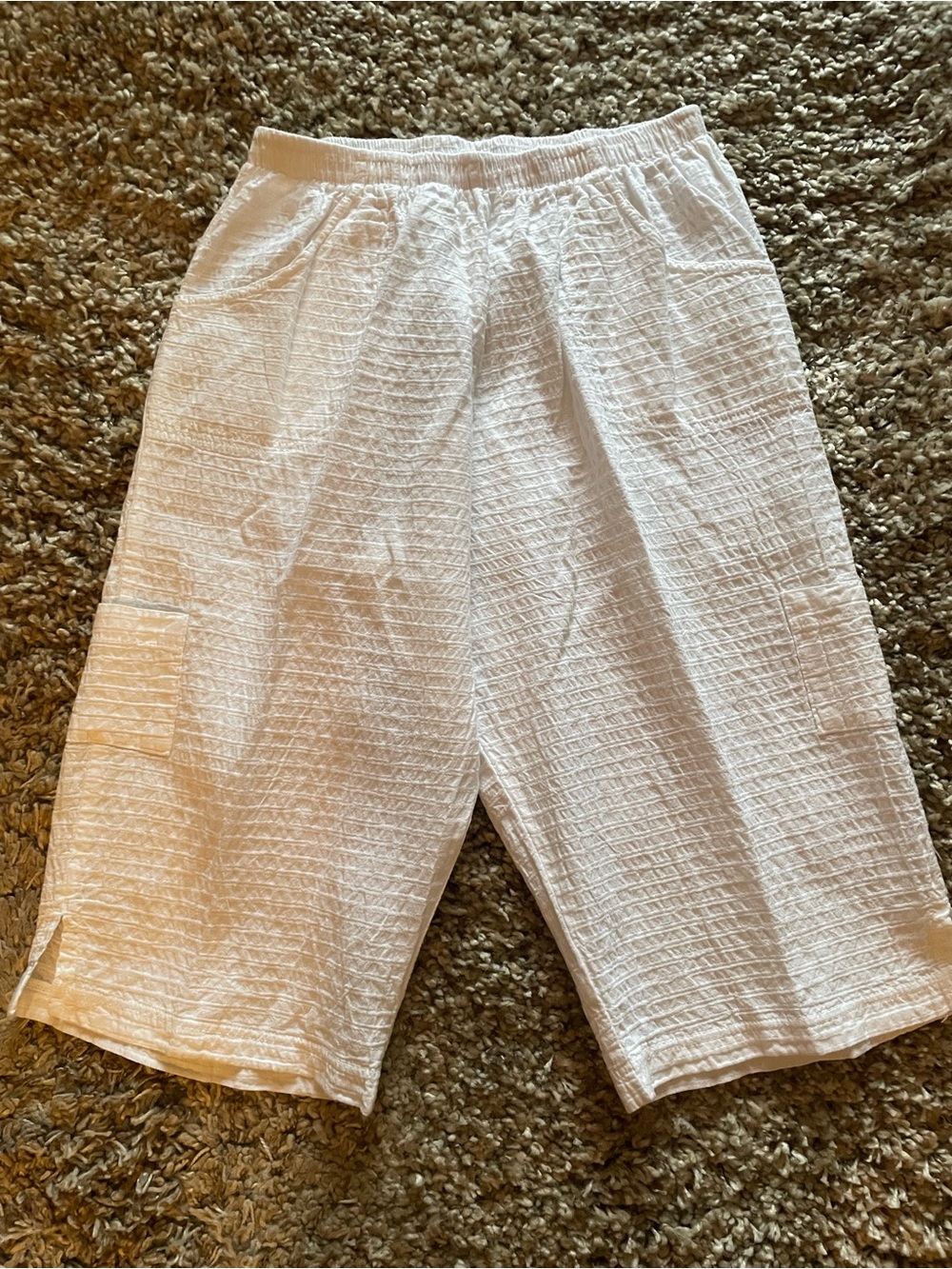 White Textured Pull-On Bermuda Shorts with Side Slits